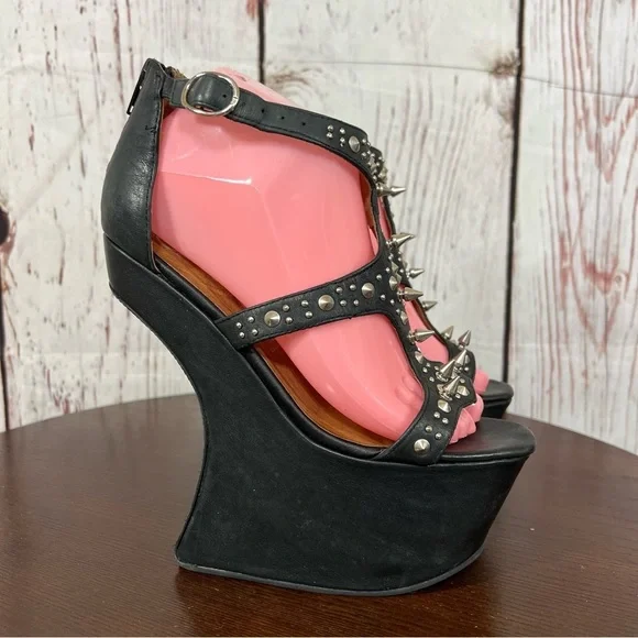 JEFFREY CAMPBELL CONTAIN Studded Black leather heelless platform sandals 7 EUC - Picture 3 of 17